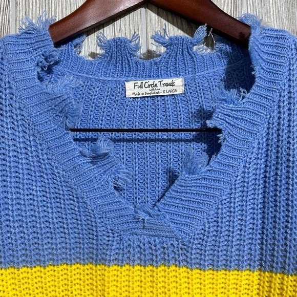 Color Block Frayed Distressed Hem V-Neck Sweater Size XL - Picture 2 of 6